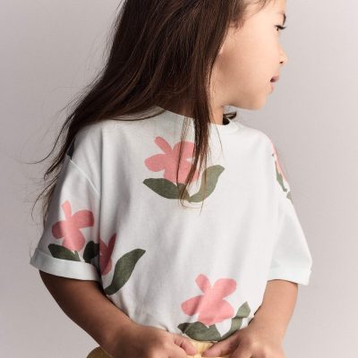 Toddler Girl Rolled Cuff Tee in Floral Print - Light Green
