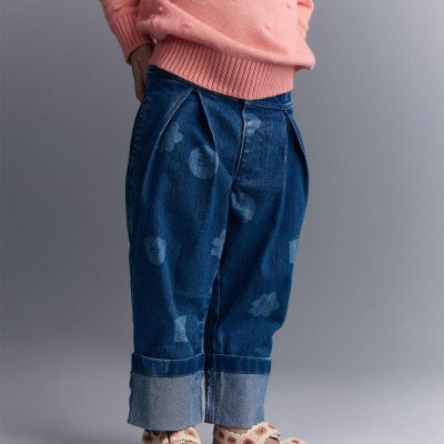 Toddler Girl Character Print Cuffed Pleat Pant in Denim - Blue