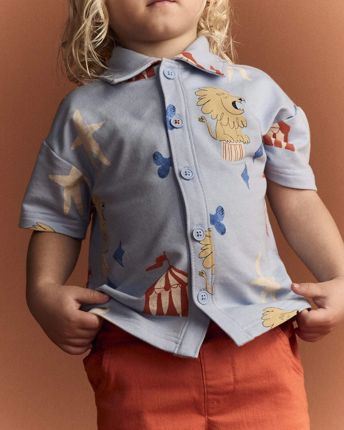 Toddler Boy Button-Down Short-Sleeve Shirt in Circus Print - Blue - Image 3