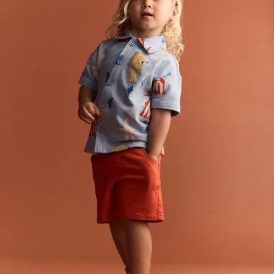 Toddler Boy Button-Down Short-Sleeve Shirt in Circus Print - Blue