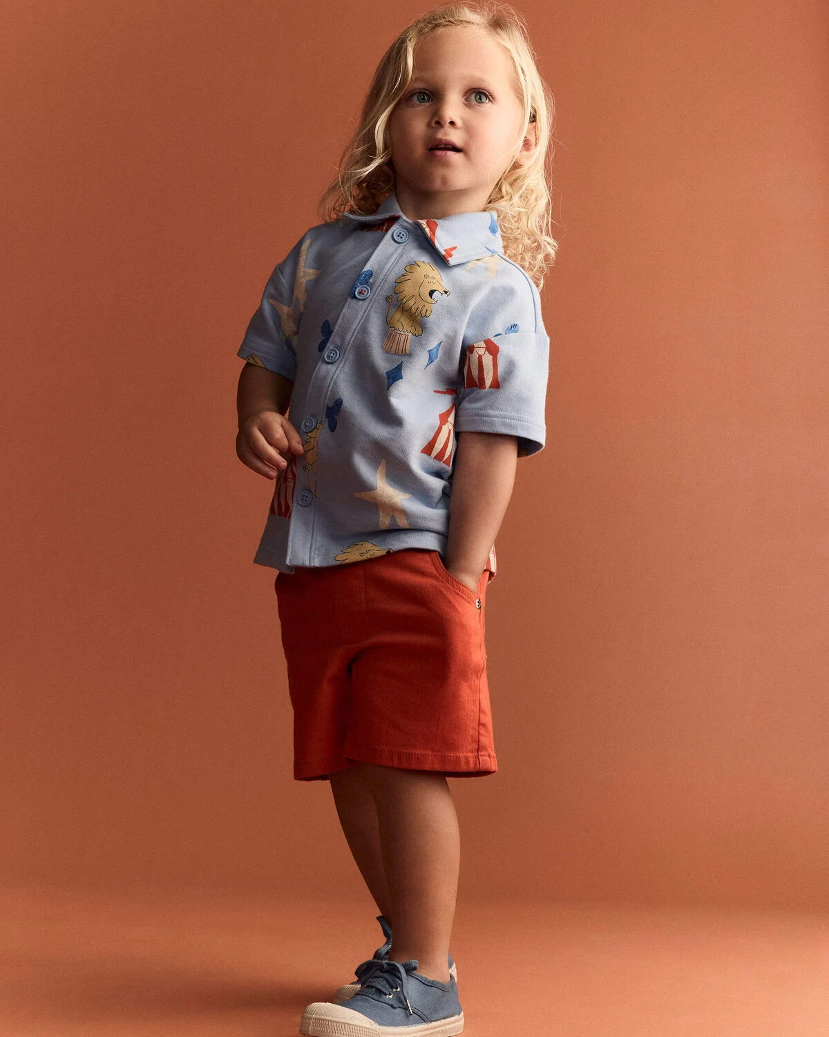 Toddler Boy Button-Down Short-Sleeve Shirt in Circus Print - Blue