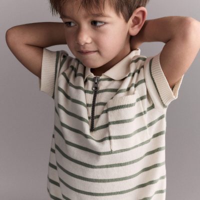Toddler Boy Knit Zip-Up Polo in Stripes - Cream