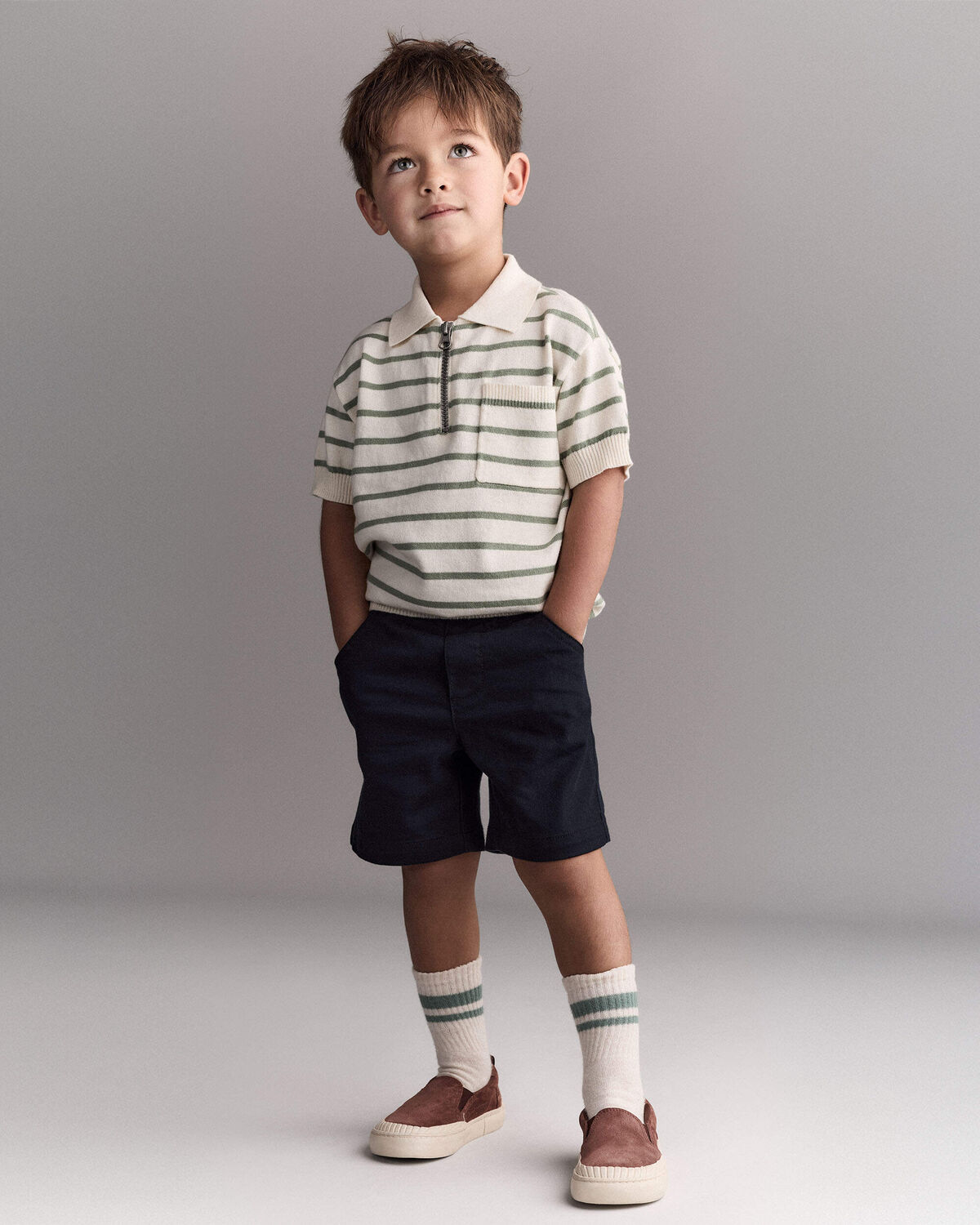 Toddler Boy Knit Zip-Up Polo in Stripes - Cream - Image 3