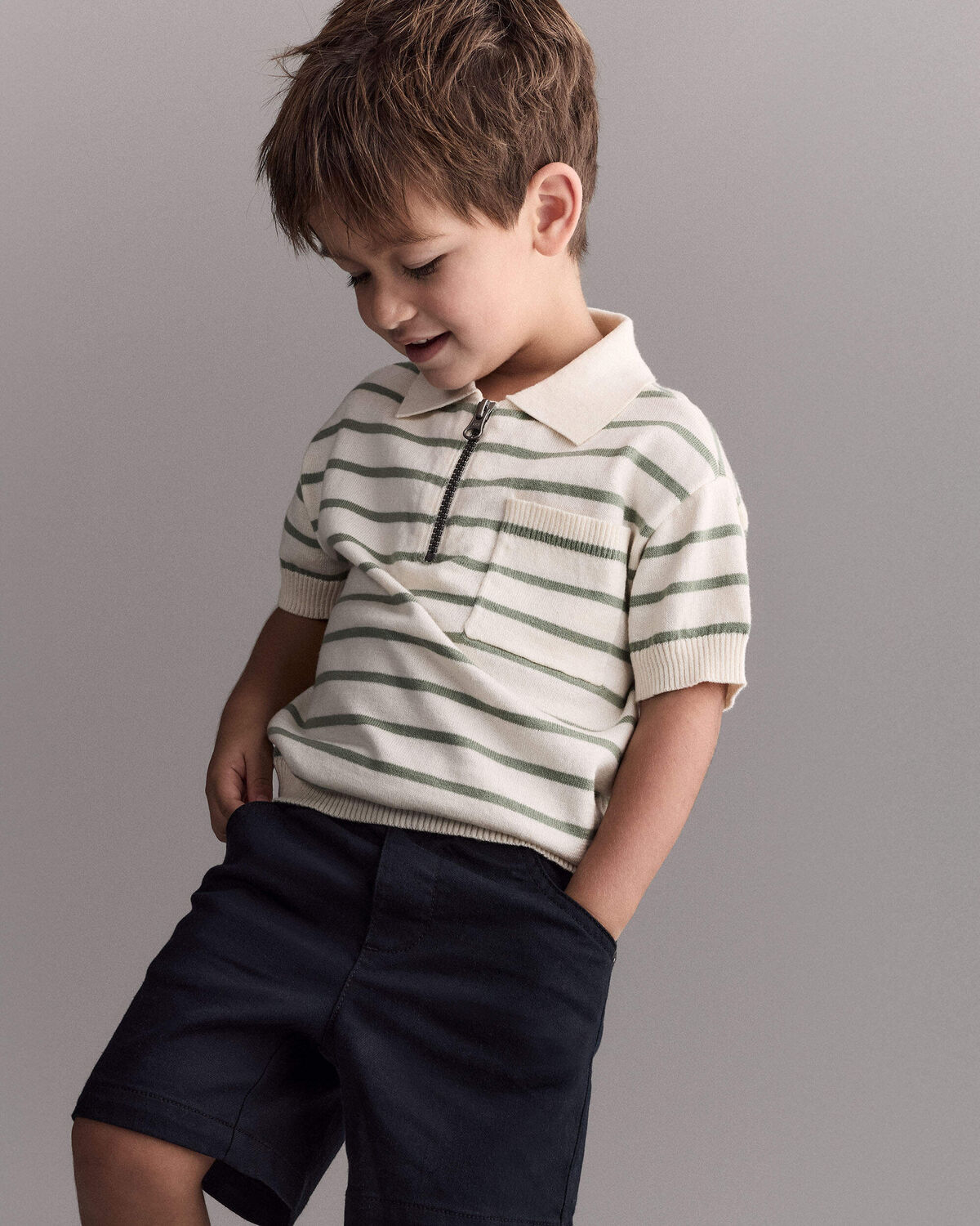 Toddler Boy Knit Zip-Up Polo in Stripes - Cream - Image 4