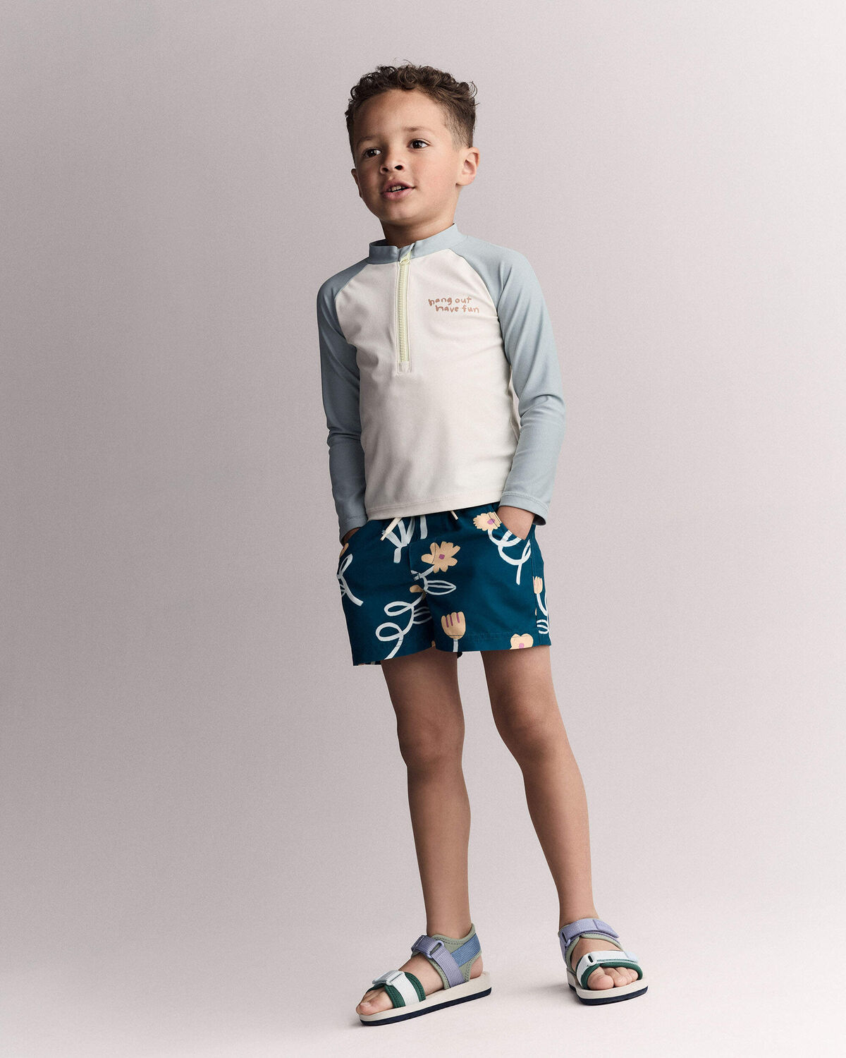 Toddler Boy Hang Out, Have Fun' Half-Zip Long-Sleeve Rashguard - Pale Blue/Cream - Image 3