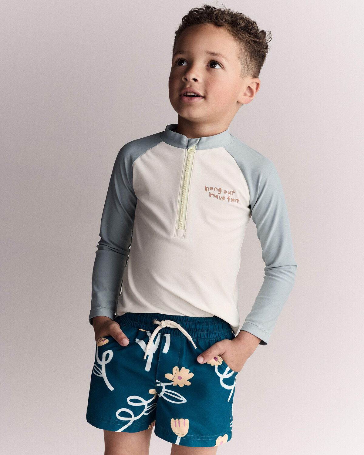Toddler Boy Hang Out, Have Fun' Half-Zip Long-Sleeve Rashguard - Pale Blue/Cream - Image 6