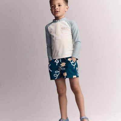 Toddler Boy Swim Trunk in Floral Print - Teal