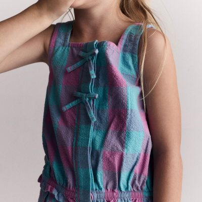 Toddler Girl Gingham Peplum Top with Bows - Purple/Blue