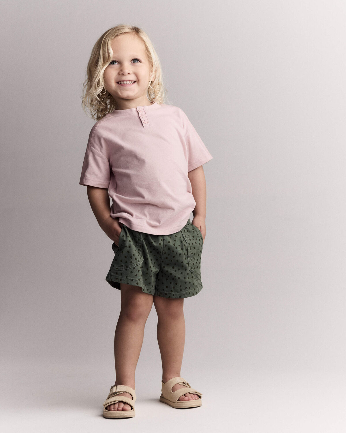 Toddler Standard Shorts with Pockets in Dot Print- Olive - Image 3