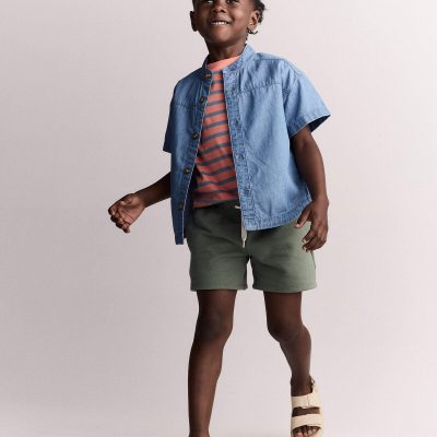 Toddler Boy Mandarin Collar Button-Down Shirt in Chambray