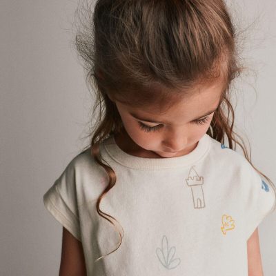 Toddler Girl Boxy Tee in Sandcastle Print - Cream