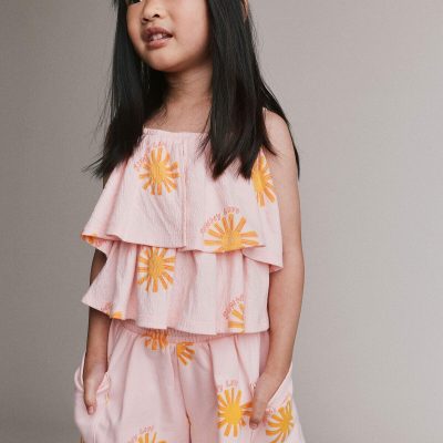 Toddler Girl Off Shoulder Flowy Top in Sunny Life Print - Light Pink