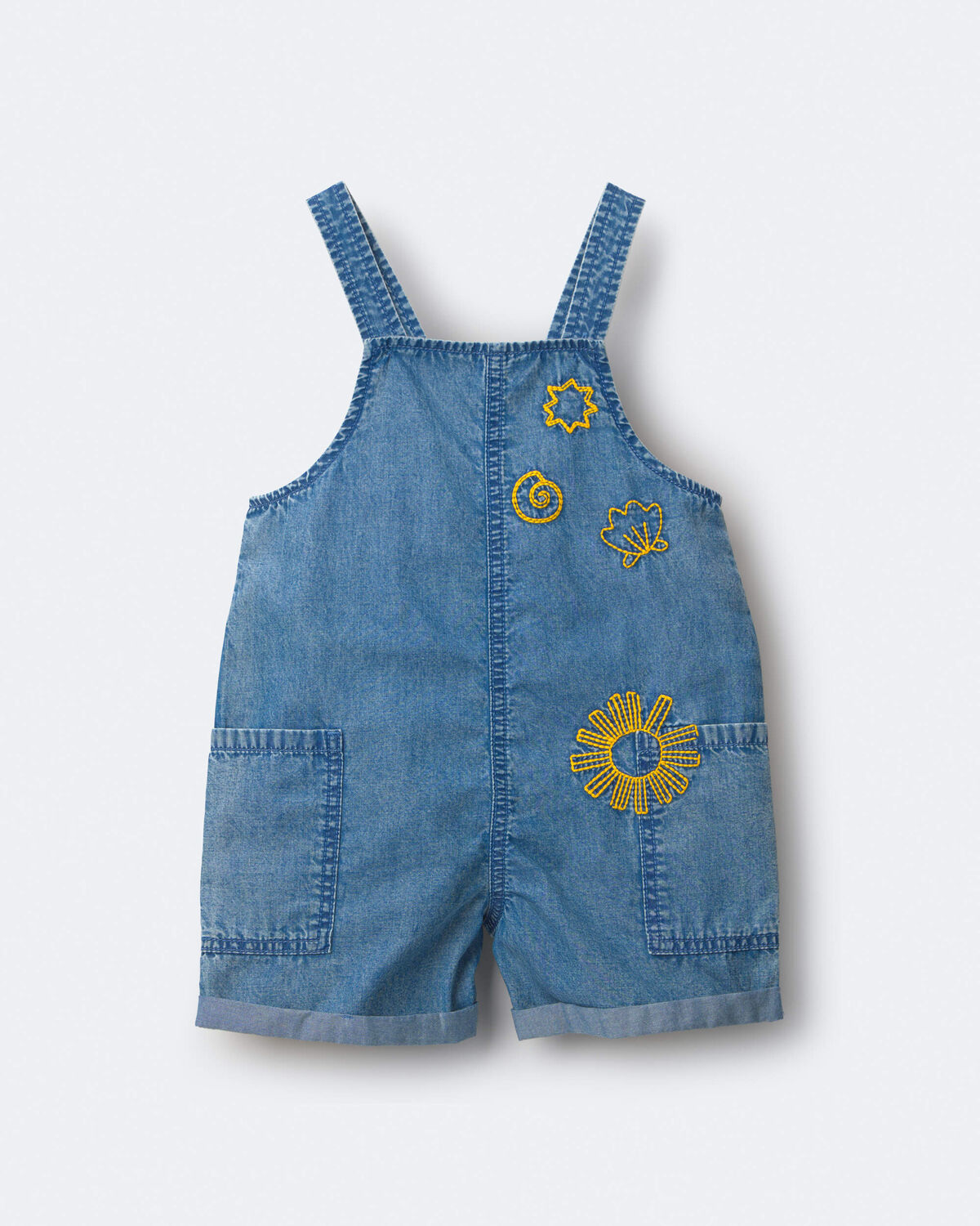 Toddler Embroidered Shortall with Pockets in Chambray - Image 2