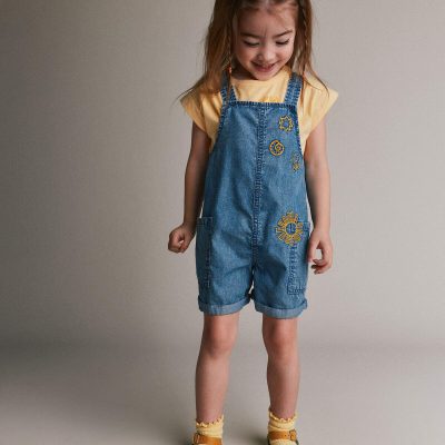 Toddler Embroidered Shortall with Pockets in Chambray
