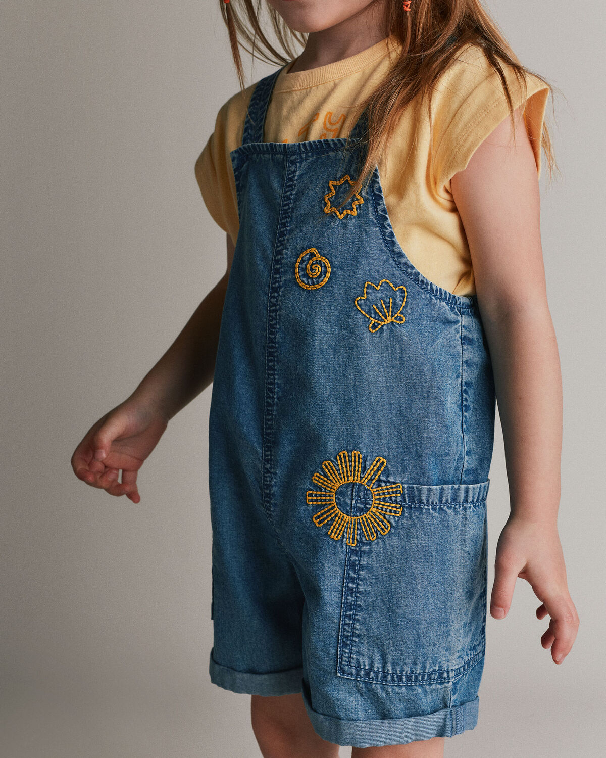Toddler Embroidered Shortall with Pockets in Chambray - Image 3