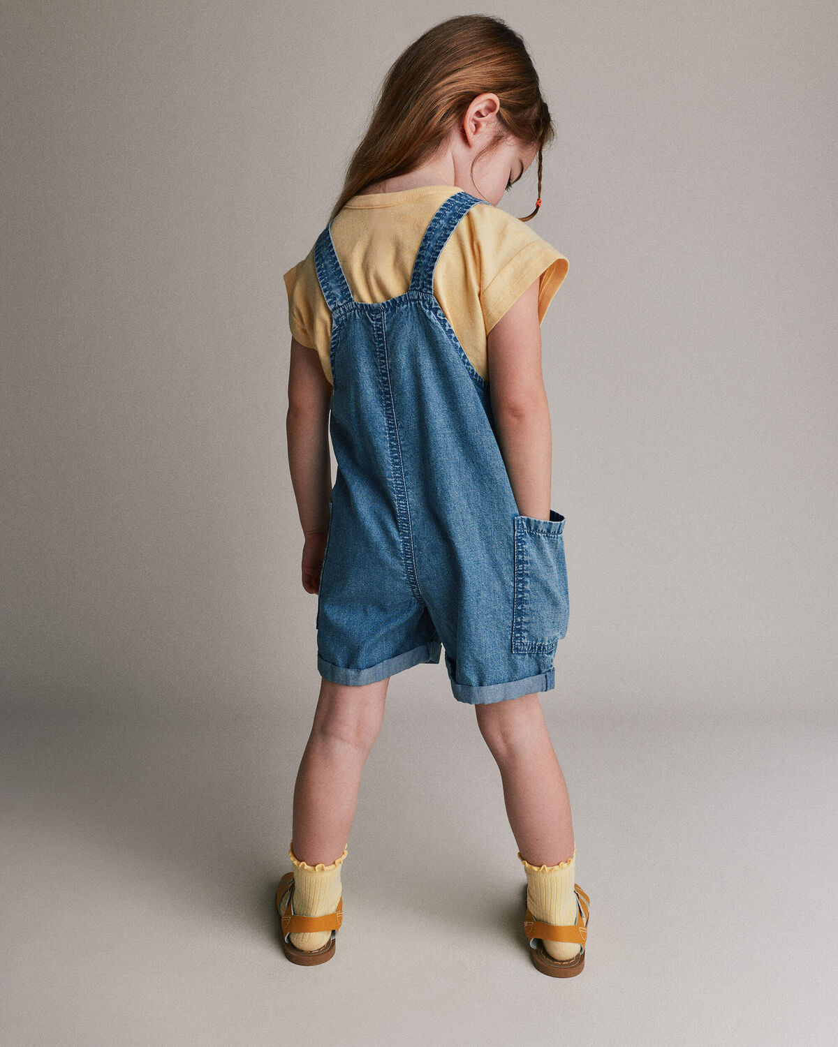 Toddler Embroidered Shortall with Pockets in Chambray - Image 4