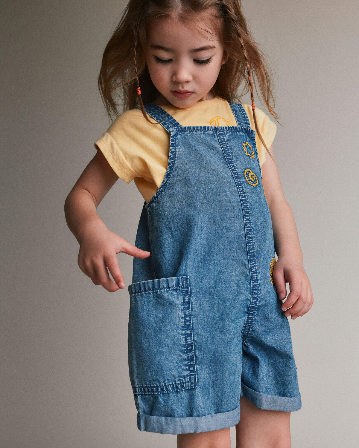 Toddler Embroidered Shortall with Pockets in Chambray - Image 5