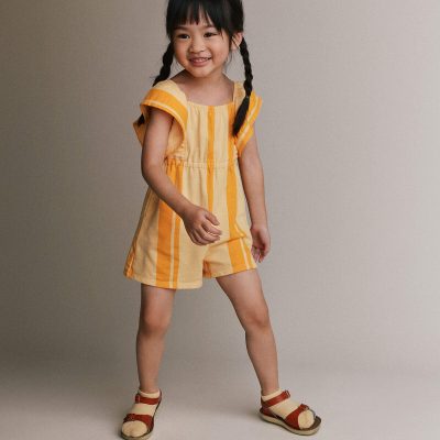 Toddler Girl Ruffle Sleeve Romper in Stripes - Yellow