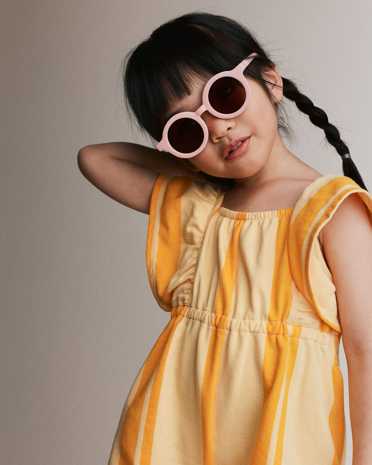 Toddler Girl Ruffle Sleeve Romper in Stripes - Yellow - Image 3