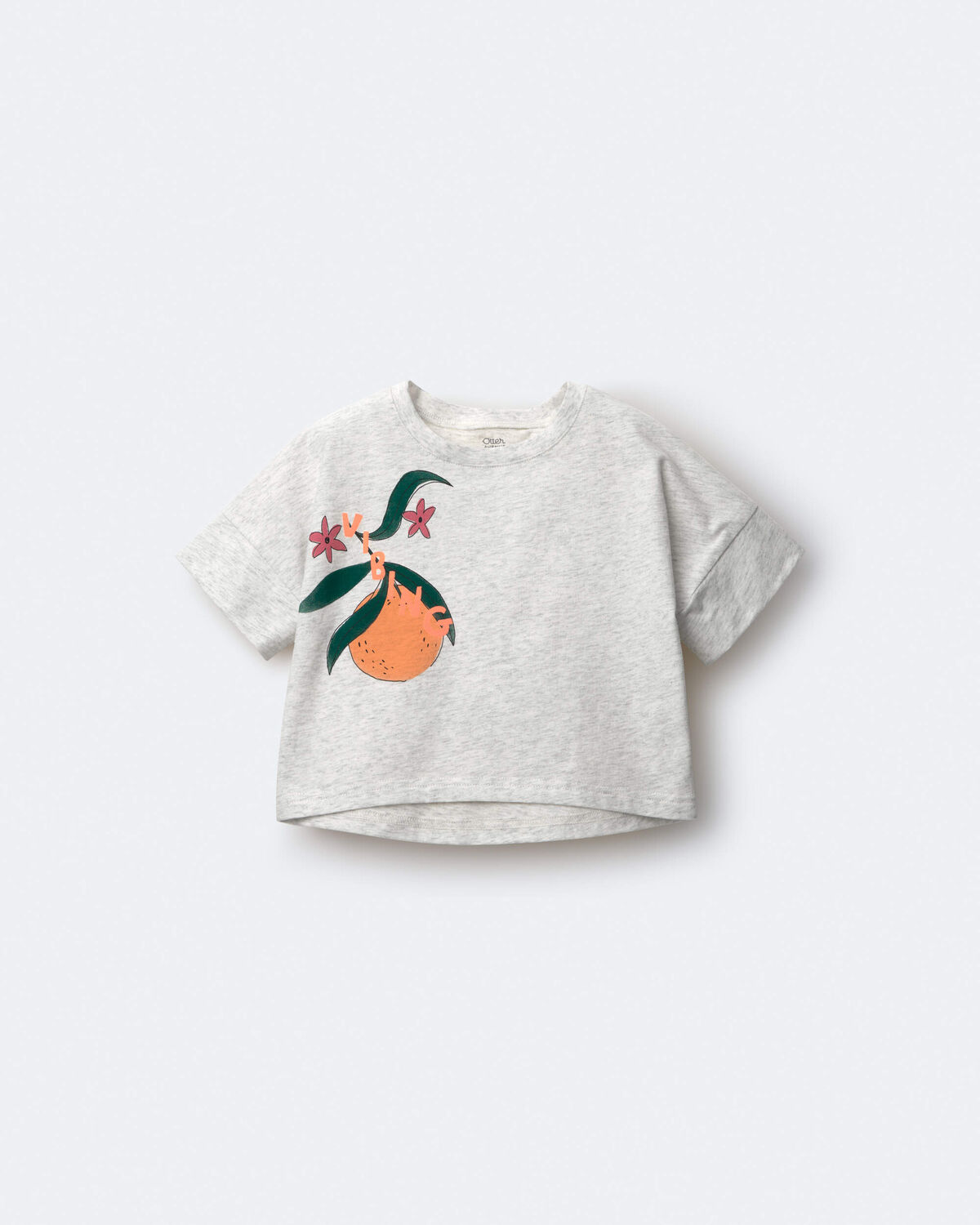Toddler Girl 'Vibing' High-Low Dolman Tee in Clementine Print - Heather Grey - Image 2