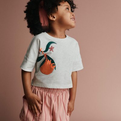 Toddler Girl 'Vibing' High-Low Dolman Tee in Clementine Print - Heather Grey