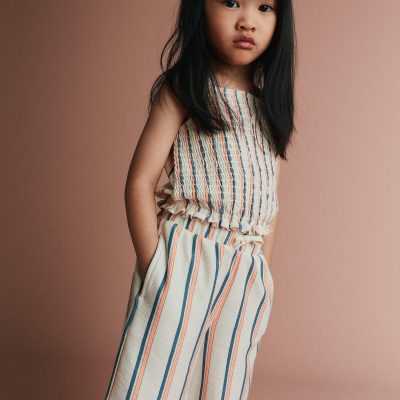 Toddler Girl Smocked Top in Stripes - Cream