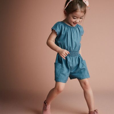 Toddler Girl Ric-Rac Swing Romper with Pockets - Blue