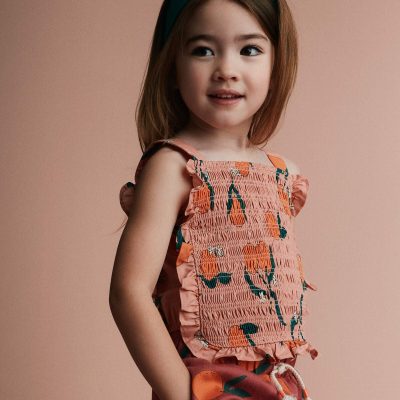 Toddler Girl Smocked Bib Top in Clementine Grove Print - Light Pink