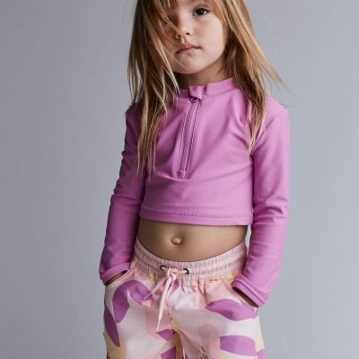 Toddler Girl Cropped Long-Sleeve Rashguard Set in Tropical Print - Purple/Rose