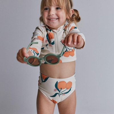 Toddler Girl Half-Zip Long-Sleeve Rashguard Set in Clementine Grove Print - Cream
