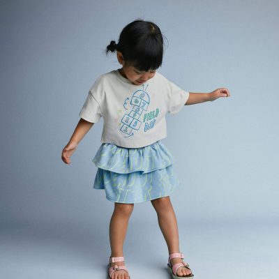 Toddler Girl Smocked Tiered Skirt in Otter Avenue Print - Light Blue/Lime Green