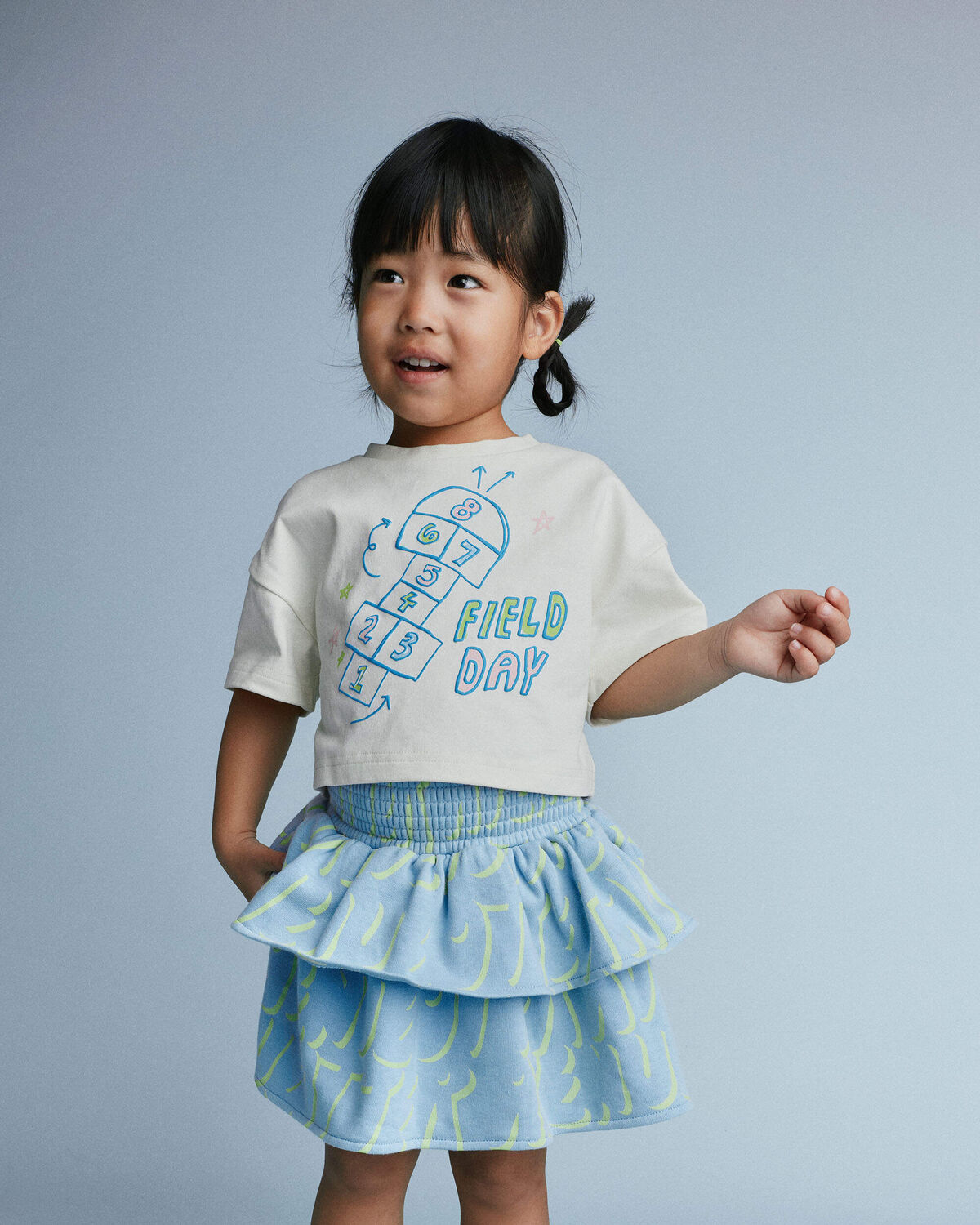 Toddler Girl 'Field Day' Breezy Top in Hopscotch Print - Cream - Image 3