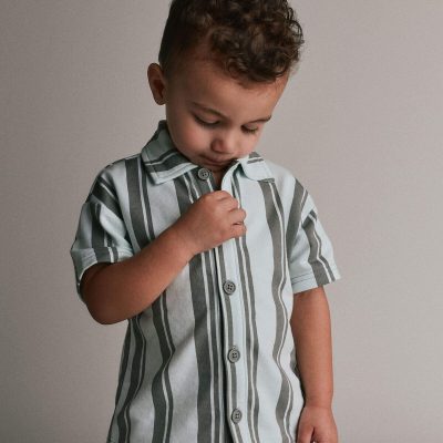 Toddler Boy Button-Down Short-Sleeve Shirt in Stripes - Light Blue/Sage