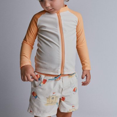 Toddler Boy Swim Trunks in Sandcastle Print - Cream