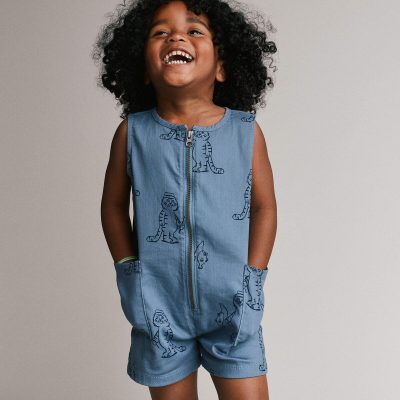 Toddler Romper with Otter Pockets in Fishing Tiger Print - Slate Blue