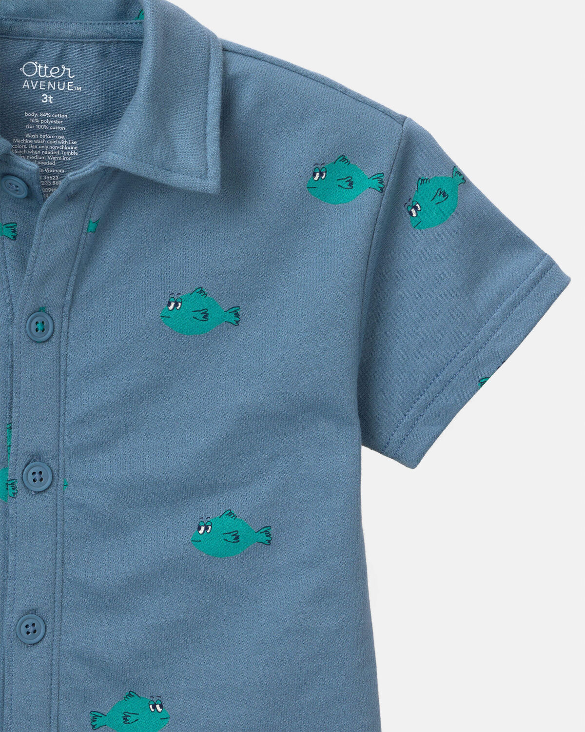 Toddler Boy Button-Down Short-Sleeve Shirt in Fish Print - Slate Blue - Image 6