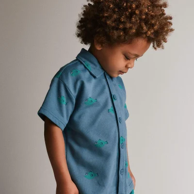 Toddler Boy Button-Down Short-Sleeve Shirt in Fish Print - Slate Blue
