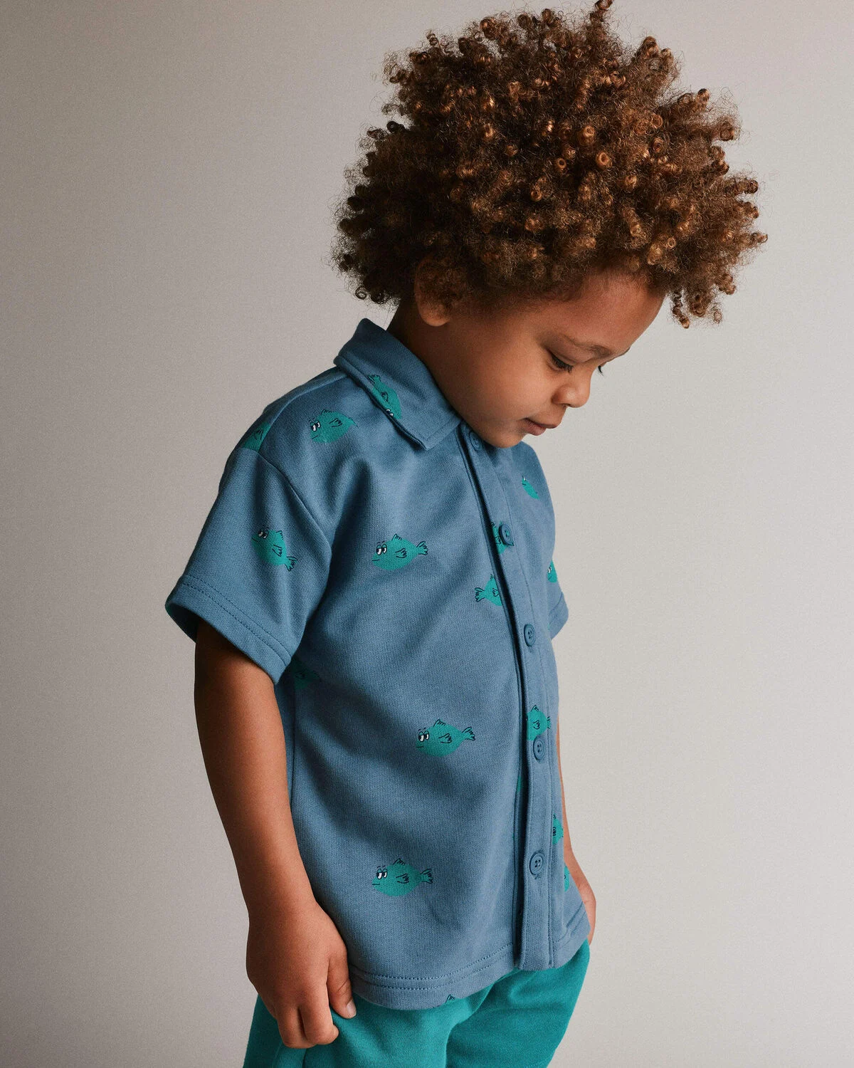 Toddler Boy Button-Down Short-Sleeve Shirt in Fish Print - Slate Blue