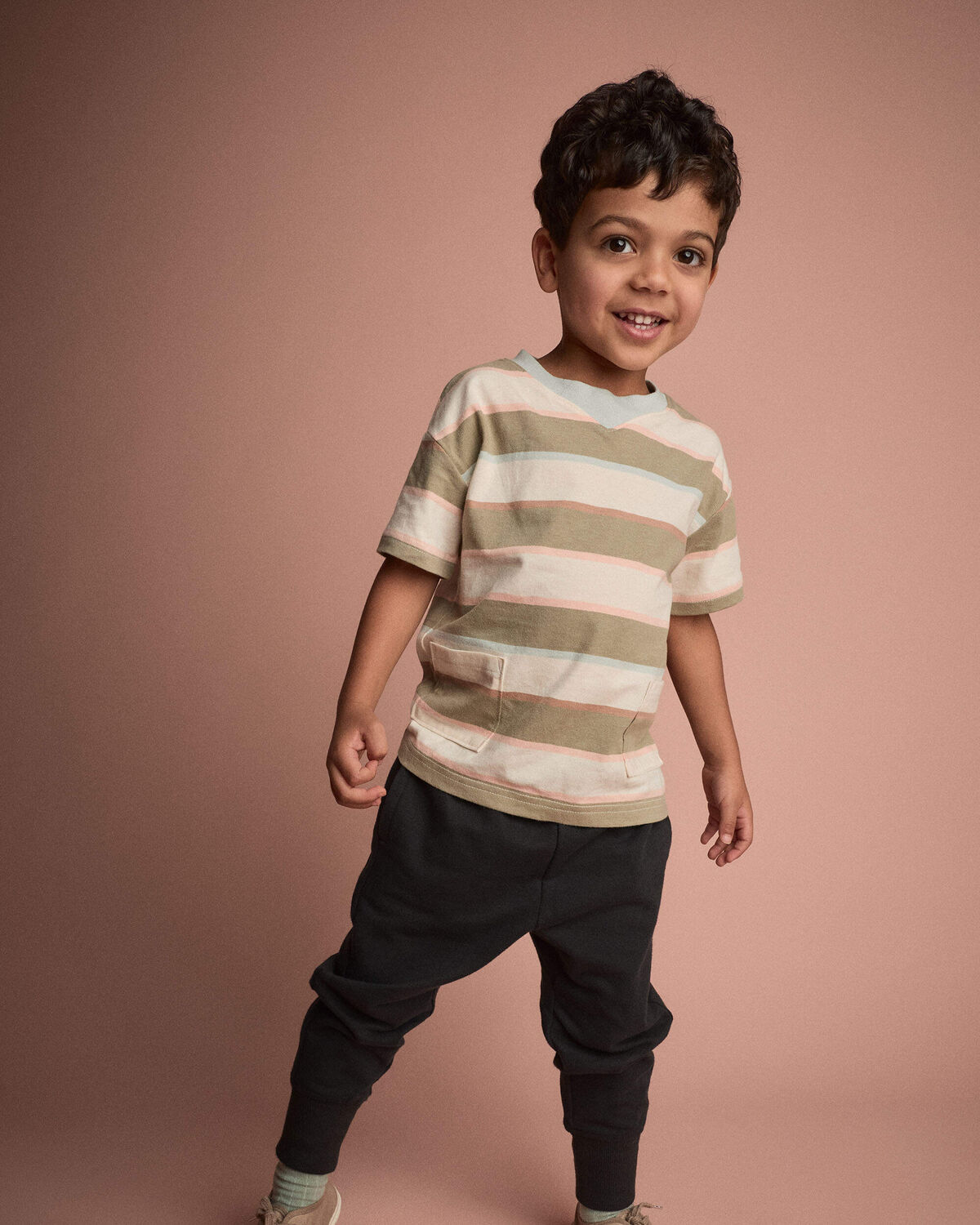 Toddler Boy Otter Pocket Tee in Stripes - Cream/Light Blue - Image 3