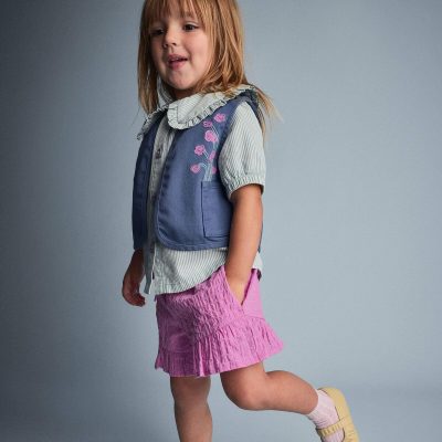 Toddler Girl Embroidered Cropped Vest with Otter Pockets - Slate Blue