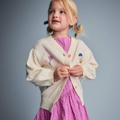 Toddler Girl Cardigan Sweater with Flowers - Cream