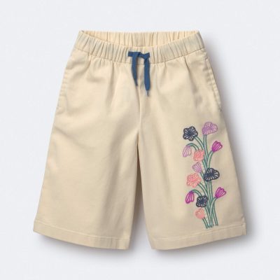 Toddler Girl Embroidered Wide-Leg Pants with Flowers - Cream