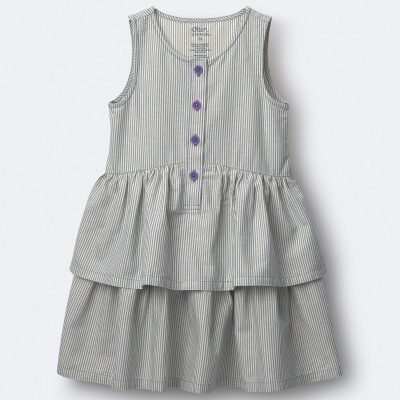 Toddler Girl Tiered Drop-Waist Dress in Stripes - Cream/Light Blue