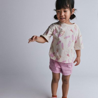 Toddler Girl Rolled Cuff Tee in Ice Cream Print - Cream