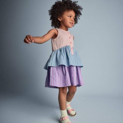 Toddler Girl Tiered Drop-Waist Dress in Stripes - Blue/Purple