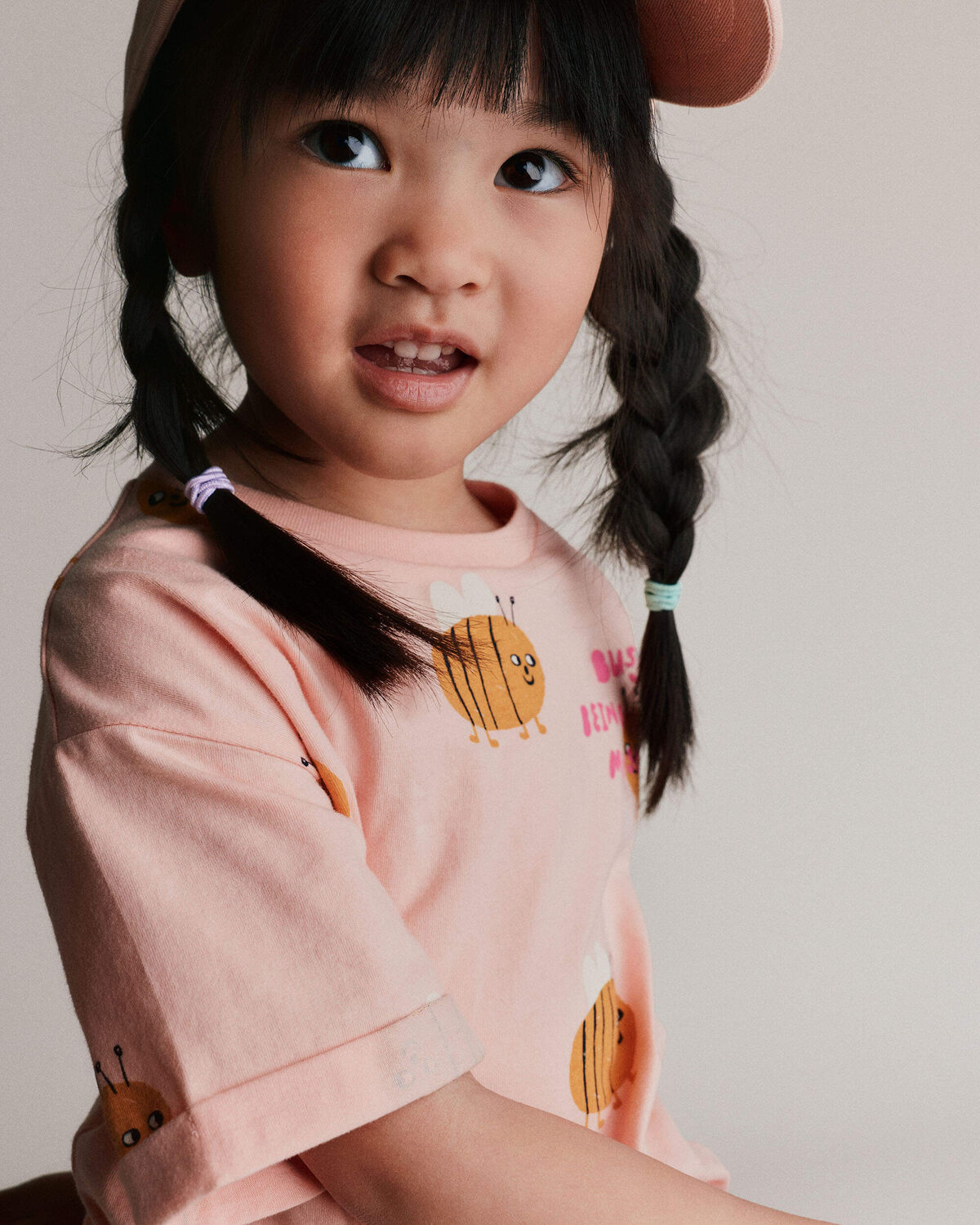 Toddler Girl Rolled Cuff Tee in Bee Print - Light Pink - Image 3
