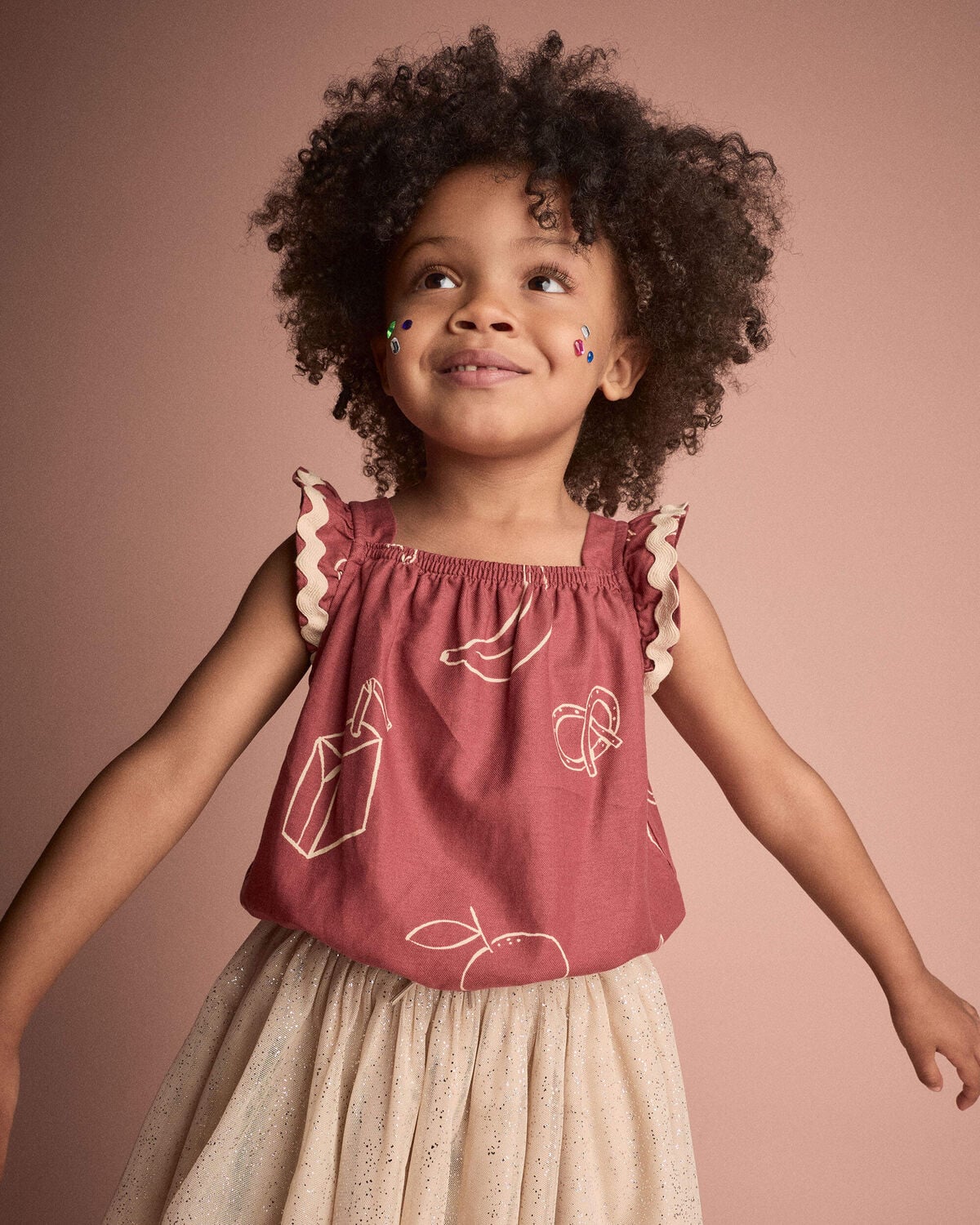 Toddler Girl Ruffle Peplum Top in Snack Print - Red