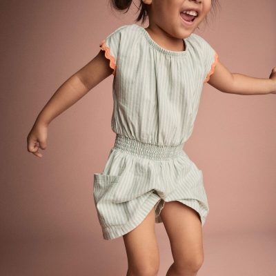 Toddler Girl Swing Romper with Pockets in Stripes- Light Blue