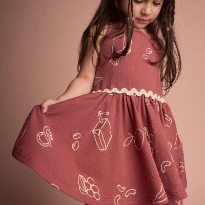 Toddler Girl Ric-Rac Crossover Dress in Snack Print - Red