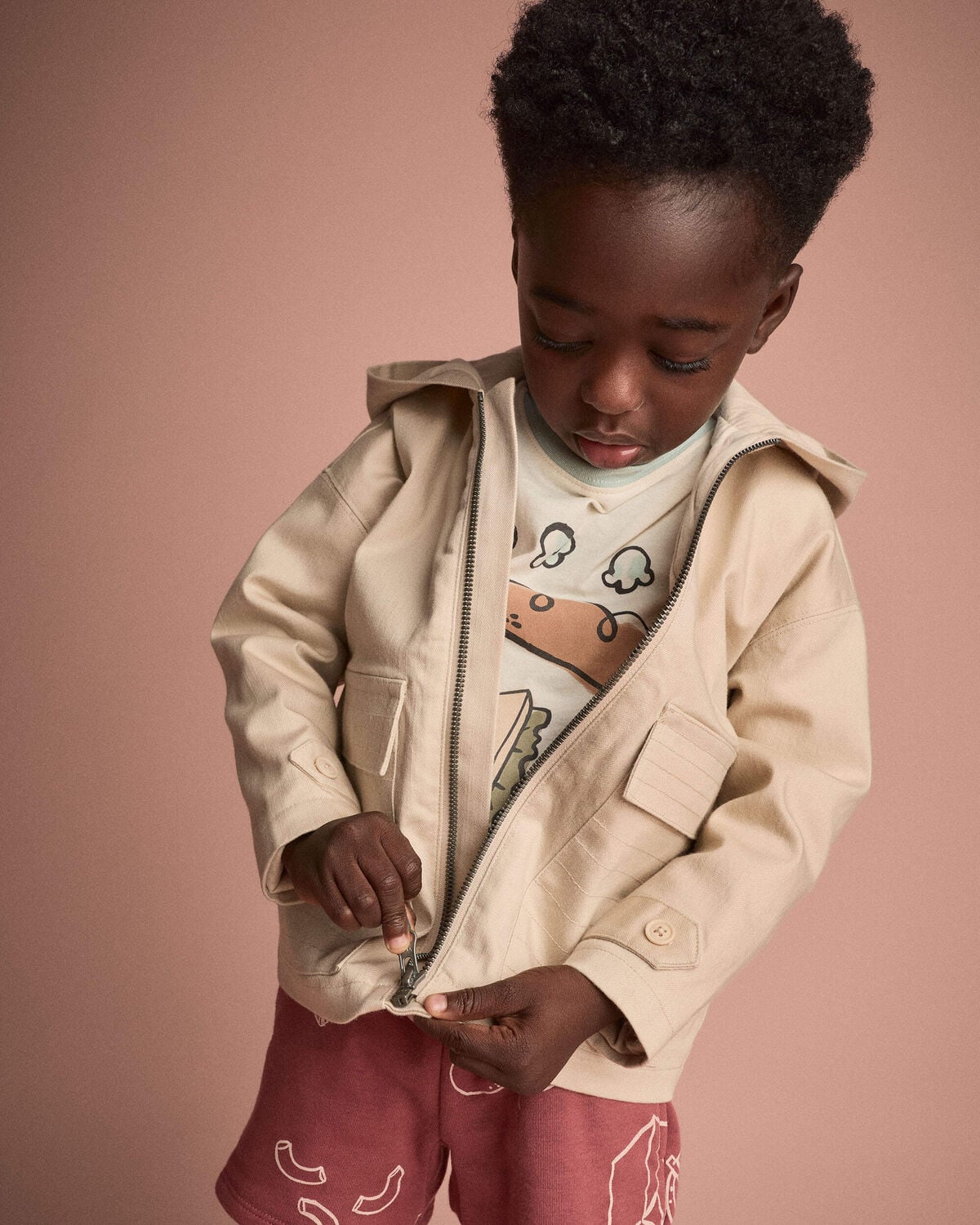 Toddler Boy Zip-Up Hooded Jacket with Pockets - Khaki - Image 3